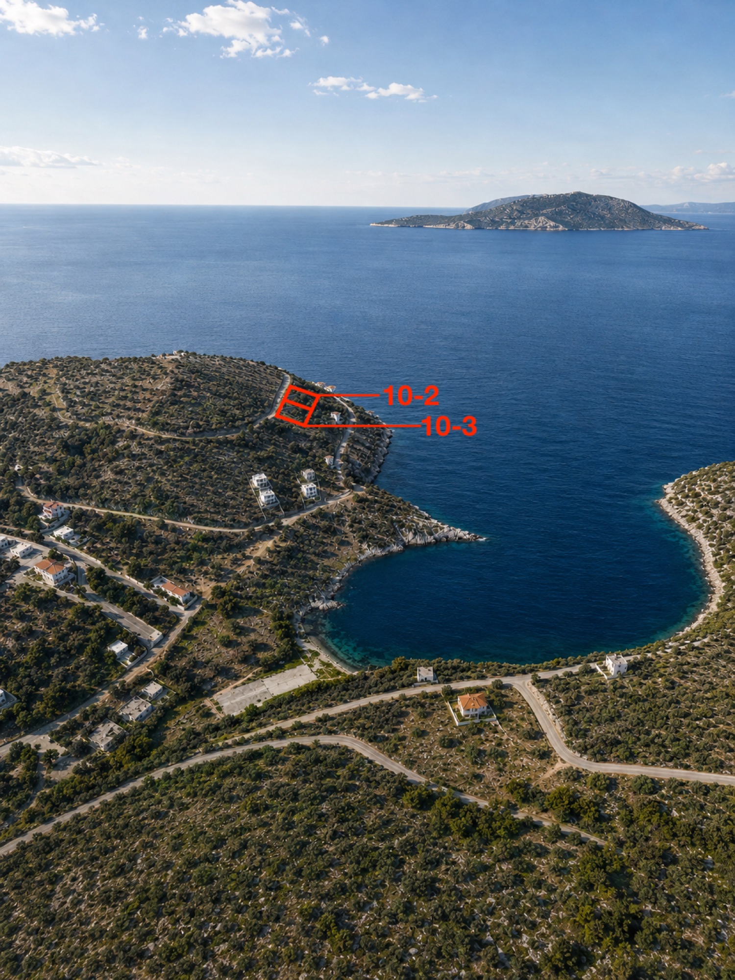 Aerial location view of lots 10-2 and 10-3 on the Pefkali peninsula, Solygia