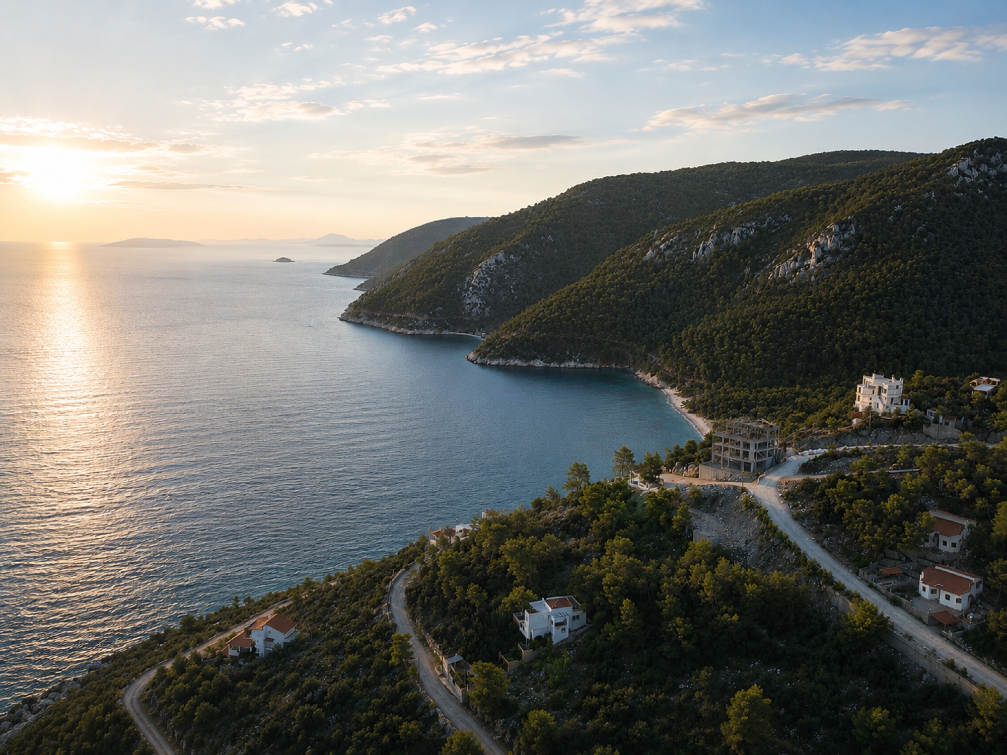 Aerial view of the Solygia coastline and surrounding Corinthia countryside