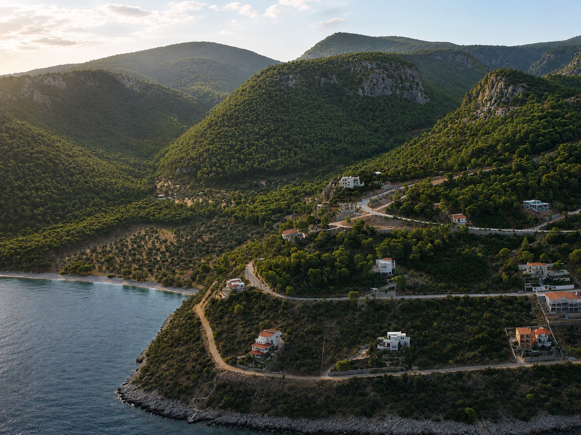 Aerial view of the Pefkali peninsula and the surrounding Corinthia coastline